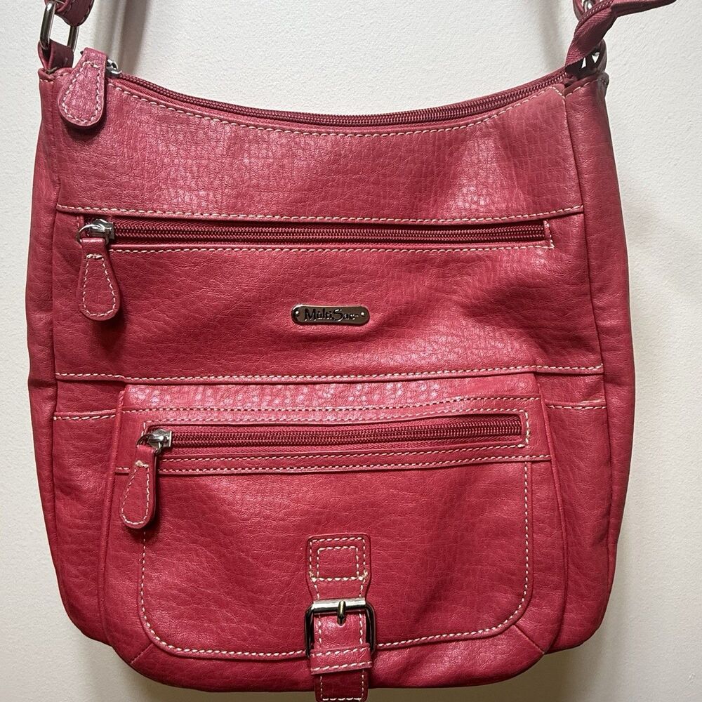 MultiSac Crossbody Purse Bright Red Multi Zip & Fold Pockets Pebbled Leather